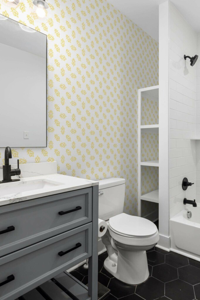 Scandinavian style bathroom decorated with Seamless bee peel and stick wallpaper