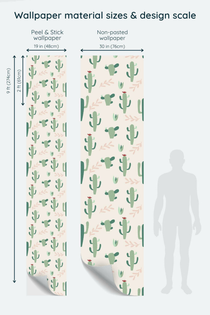 Size comparison of Seamless cactus Peel & Stick and Non-pasted wallpapers with design scale relative to human figure