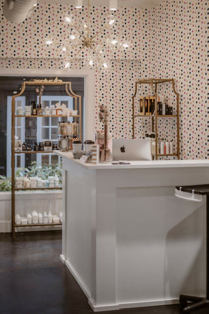Luxury industrial style beauty salon decorated with Seamless Dots peel and stick wallpaper