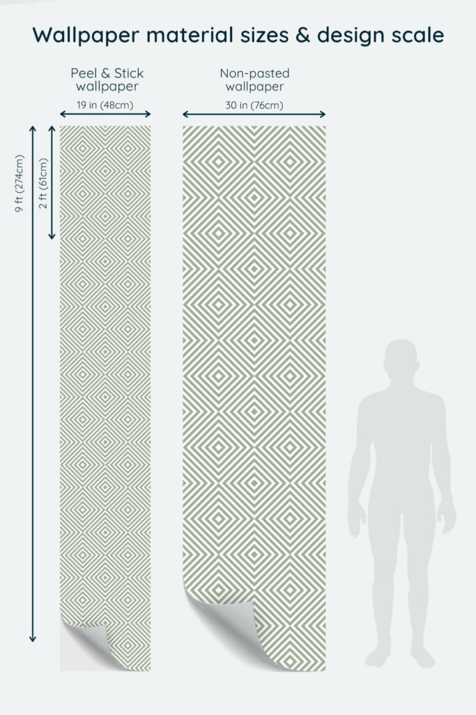 Size comparison of Seamless geometric Peel & Stick and Non-pasted wallpapers with design scale relative to human figure