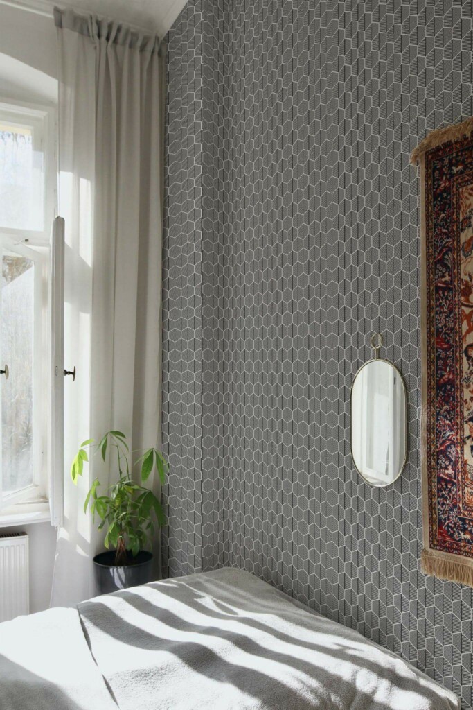 Bohemian style bedroom decorated with Seamless hexagon peel and stick wallpaper