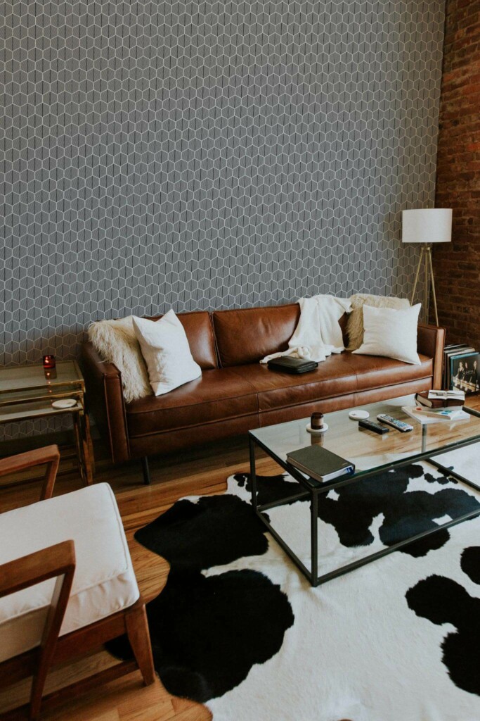 Mid-century modern style living room decorated with Seamless hexagon peel and stick wallpaper