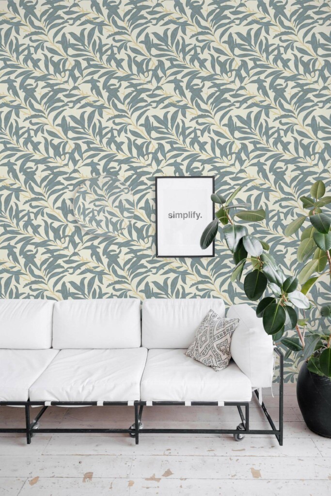 Minimal industrial style living room decorated with Seamless Leaf peel and stick wallpaper
