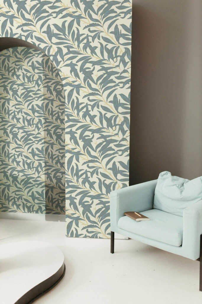 Mondern boho style living room decorated with Seamless Leaf peel and stick wallpaper