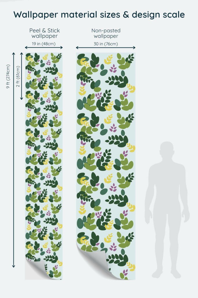 Size comparison of Seamless leaf Peel & Stick and Non-pasted wallpapers with design scale relative to human figure