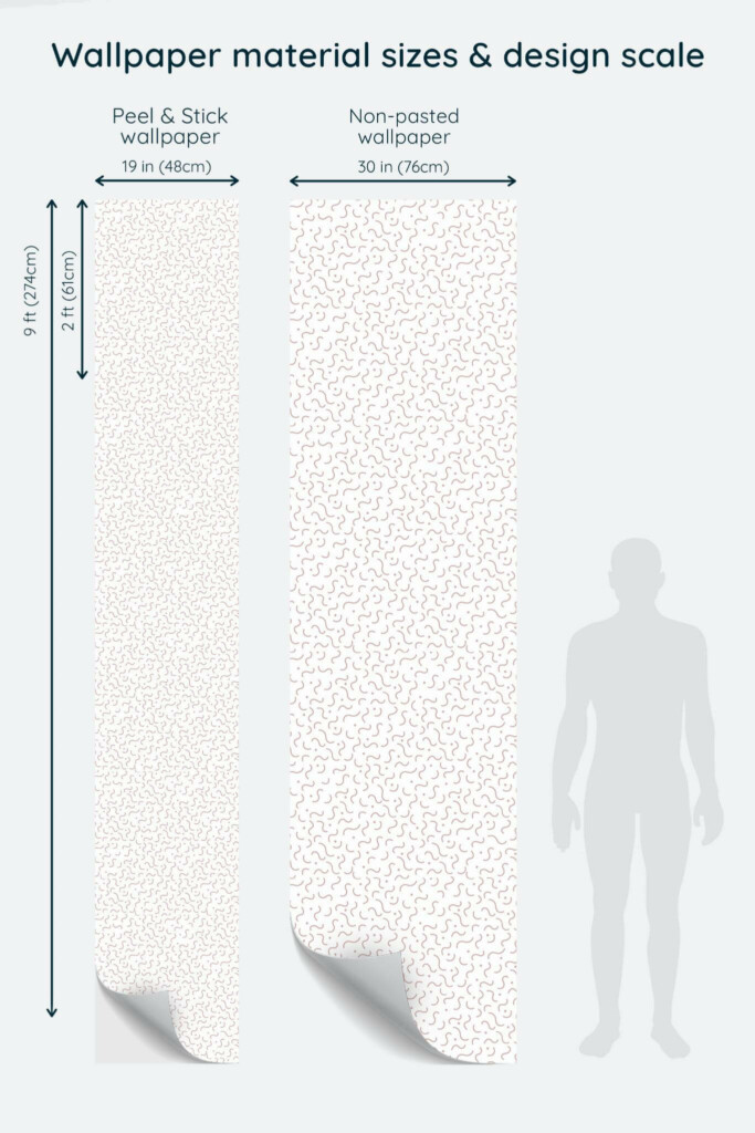 Size comparison of Seamless memphis Peel & Stick and Non-pasted wallpapers with design scale relative to human figure