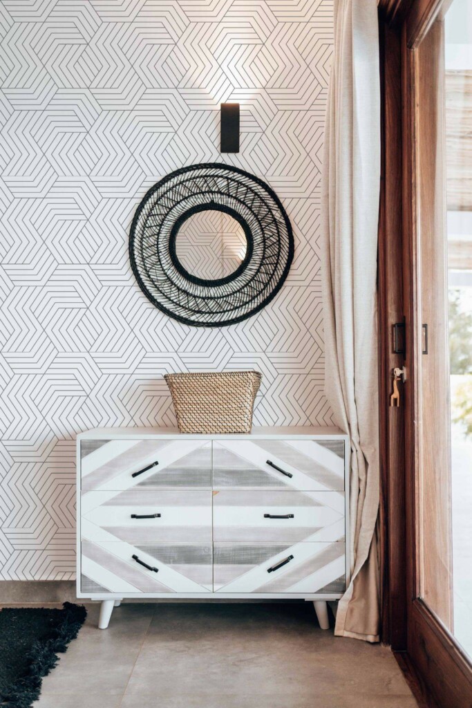 Modern farmhouse style living room decorated with Seamless modern geometric peel and stick wallpaper