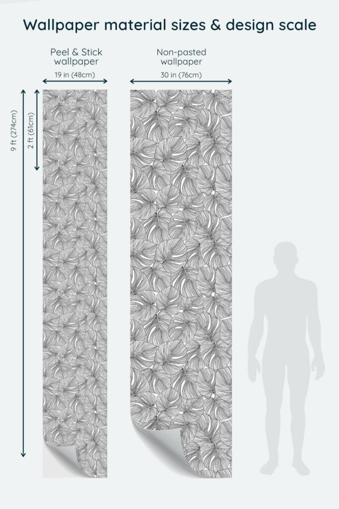 Size comparison of Seamless monstera leaf Peel & Stick and Non-pasted wallpapers with design scale relative to human figure