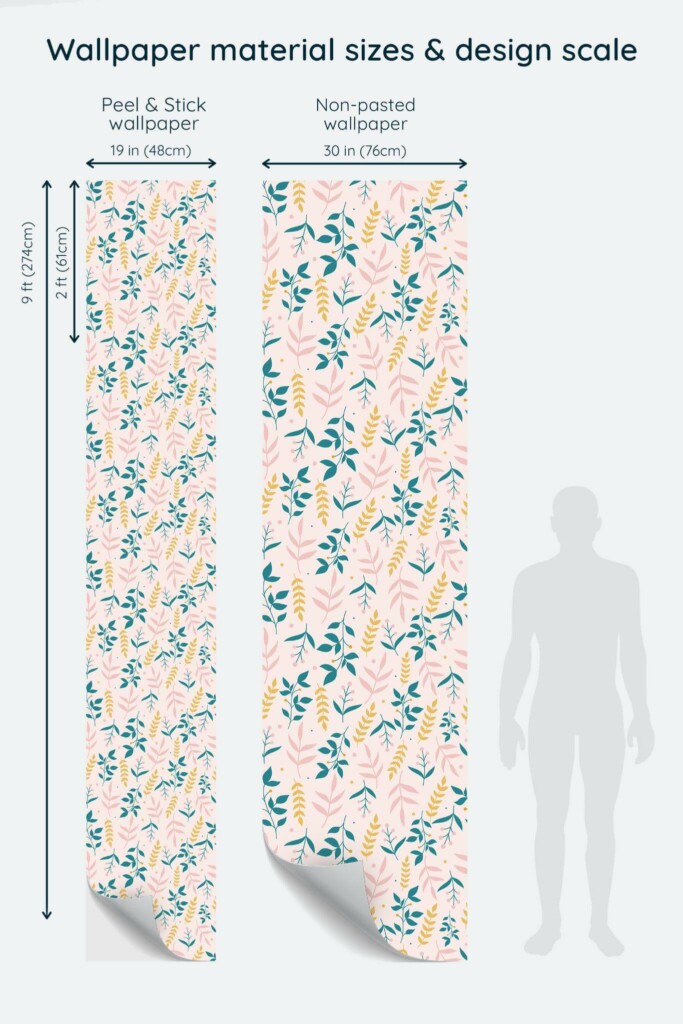 Size comparison of Seamless pastel leaf Peel & Stick and Non-pasted wallpapers with design scale relative to human figure