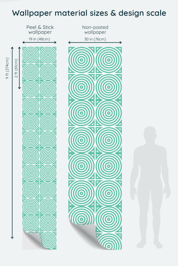Size comparison of Seamless retro circles Peel & Stick and Non-pasted wallpapers with design scale relative to human figure