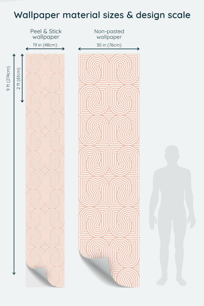 Size comparison of Seamless retro Peel & Stick and Non-pasted wallpapers with design scale relative to human figure