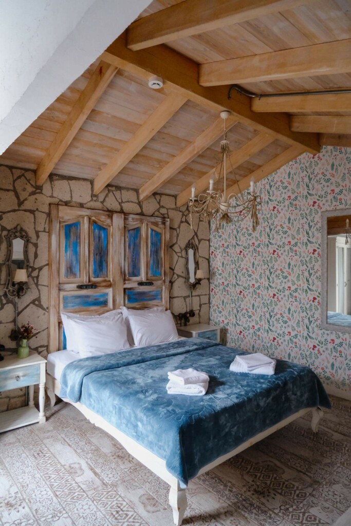 Farmhouse style bedroom decorated with Seamless scandinavian floral peel and stick wallpaper