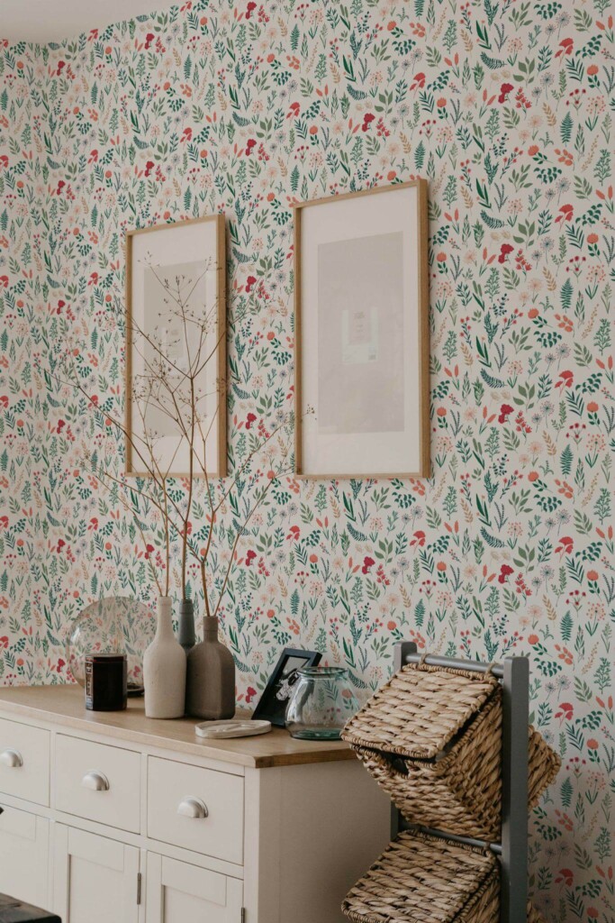 Scandinavian style bedroom decorated with Seamless scandinavian floral peel and stick wallpaper