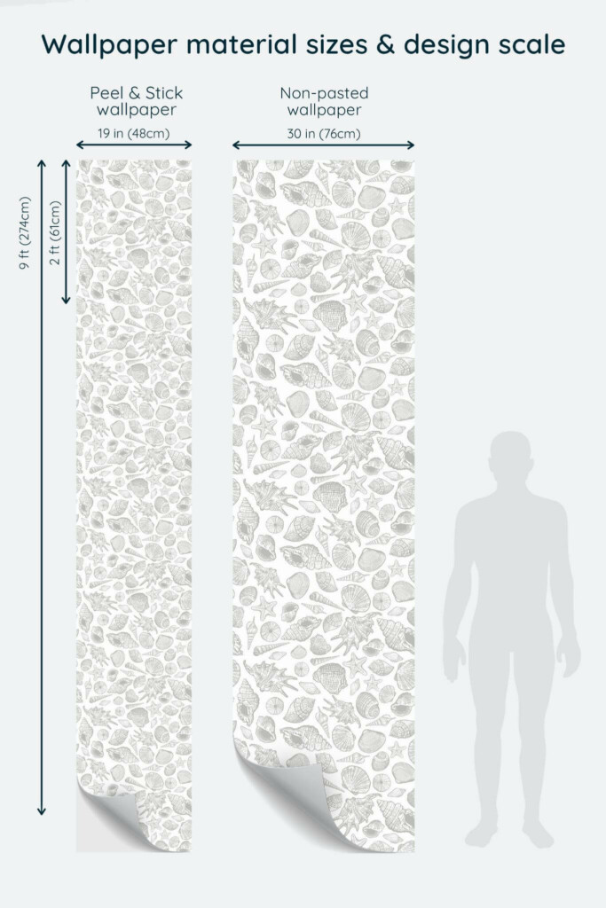 Size comparison of Seamless sea shell Peel & Stick and Non-pasted wallpapers with design scale relative to human figure