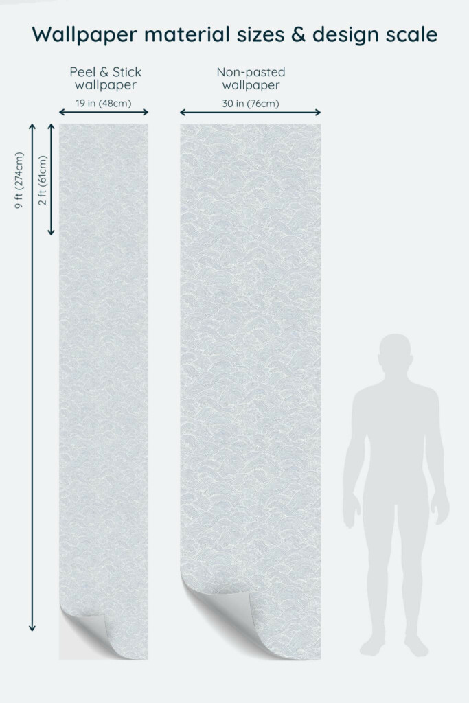 Size comparison of Seamless waves Peel & Stick and Non-pasted wallpapers with design scale relative to human figure