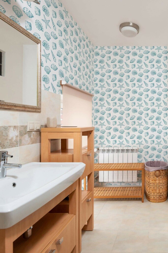 Mid-century modern style bathroom decorated with Seashell peel and stick wallpaper