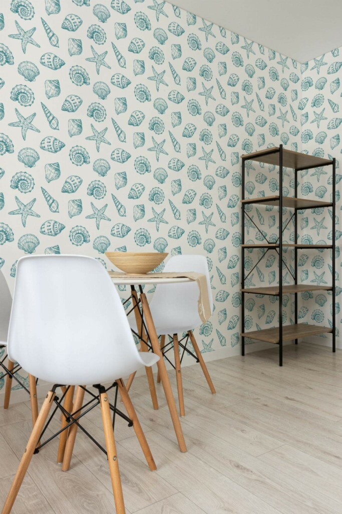 Minimalist style dining room decorated with Seashell peel and stick wallpaper