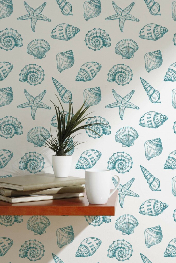 Scandinavian style accent wall decorated with Seashell peel and stick wallpaper