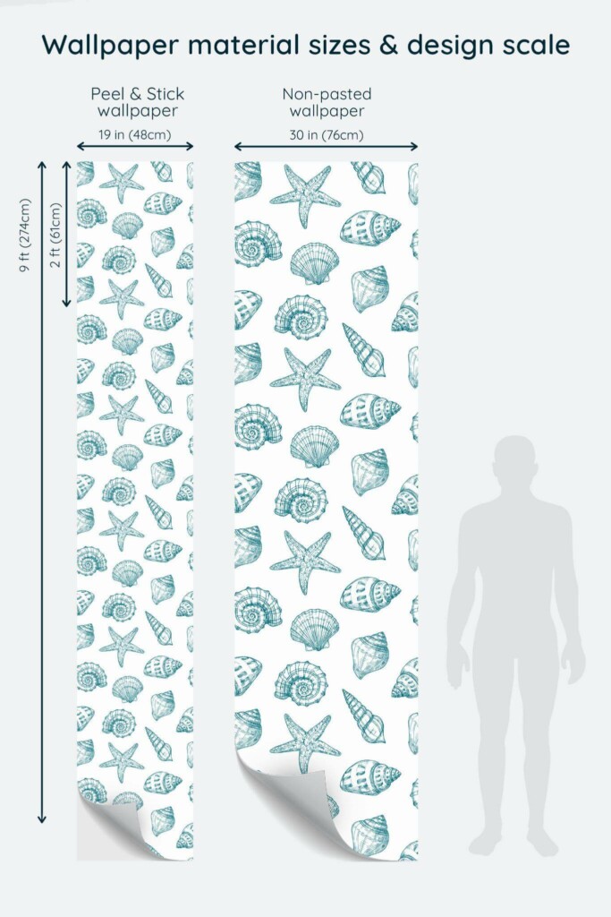 Size comparison of Seashell Peel & Stick and Non-pasted wallpapers with design scale relative to human figure