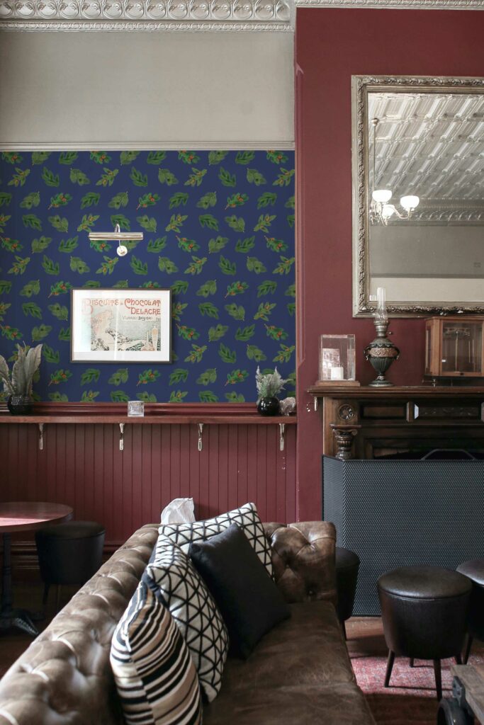 Unpasted wallpaper in dark blue with pine pattern by Fancy Walls