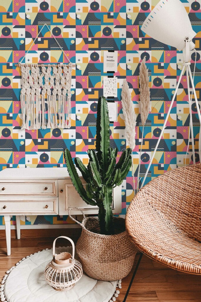 Fancy Walls peel and stick wallpaper with Mid Century Geometry Colorful design