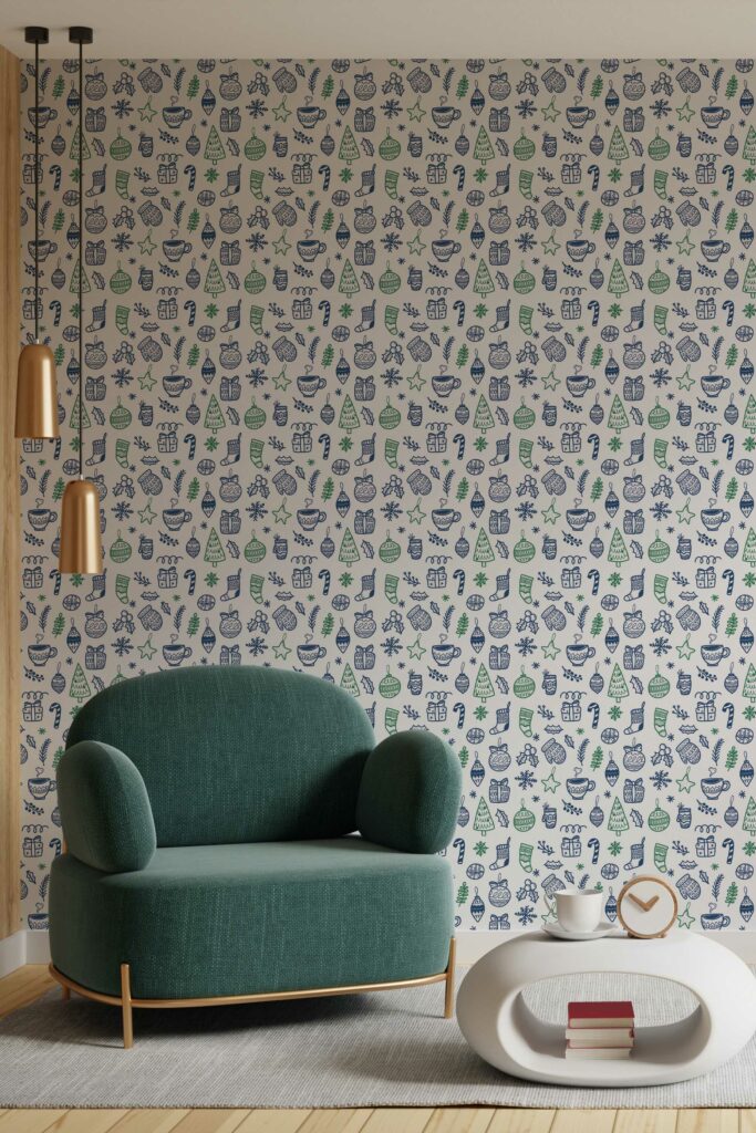 Unpasted wallpaper in blue and white Christmas style from Fancy Walls