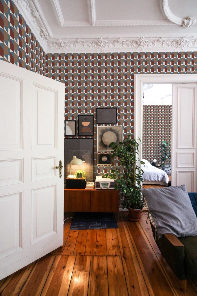 Fancy Walls terracotta peel and stick wallpaper in geometric retro style
