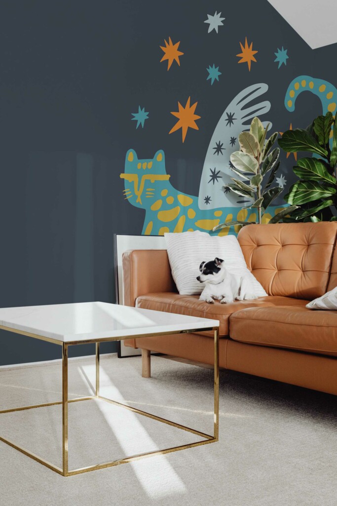 Self-adhesive wall mural featuring a serious kitten in blue from Fancy Walls
