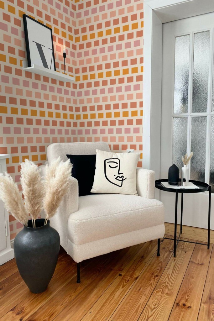Modern boho style living room decorated with Shades of terracota peel and stick wallpaper