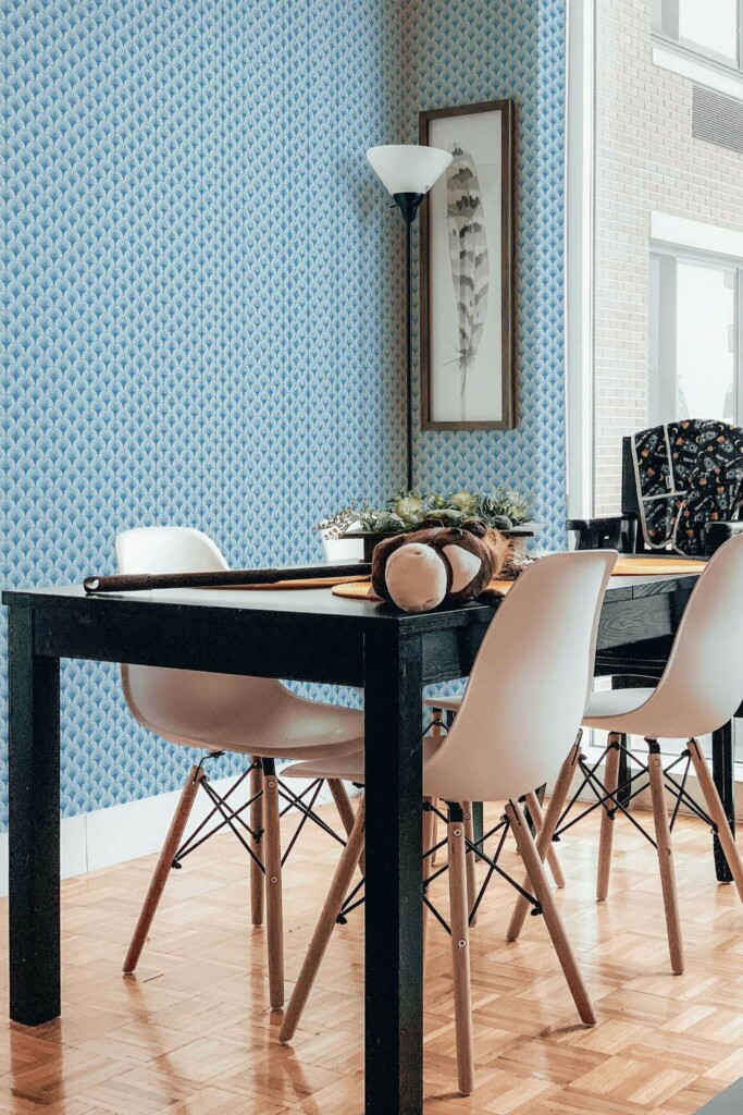 Industrial scandinavian style dining room decorated with Shell peel and stick wallpaper