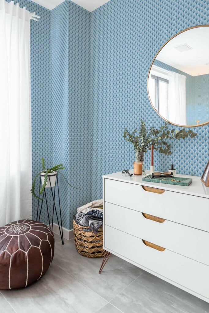 Scandinavian style bedroom decorated with Shell peel and stick wallpaper and Mediterranean accents