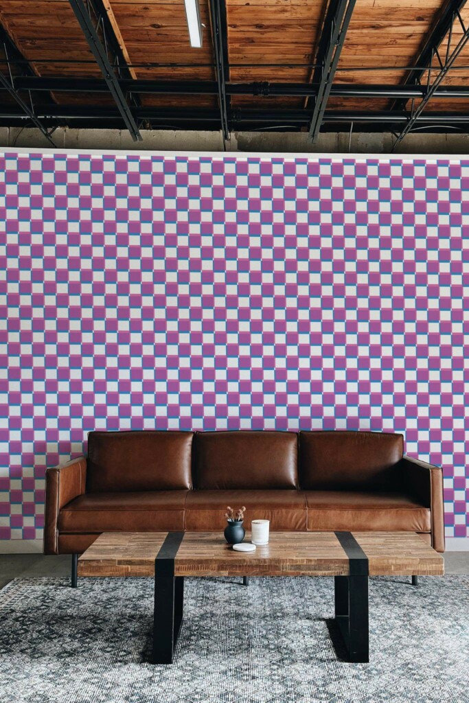 Industrial rustic style living room decorated with Silkscreen check peel and stick wallpaper