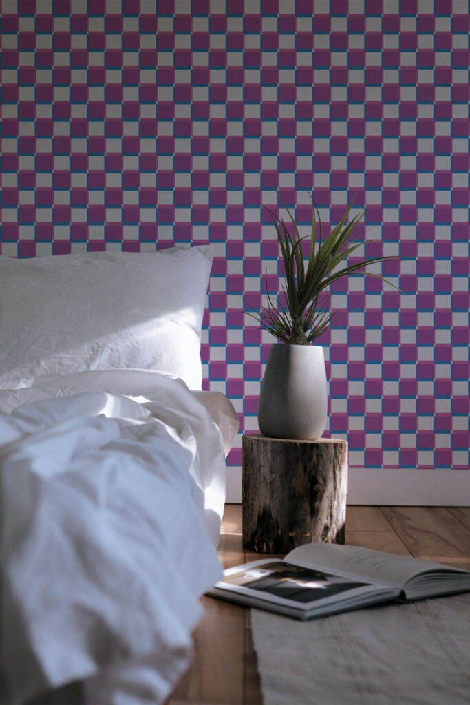 Minimal scandinavian style bedroom decorated with Silkscreen check peel and stick wallpaper