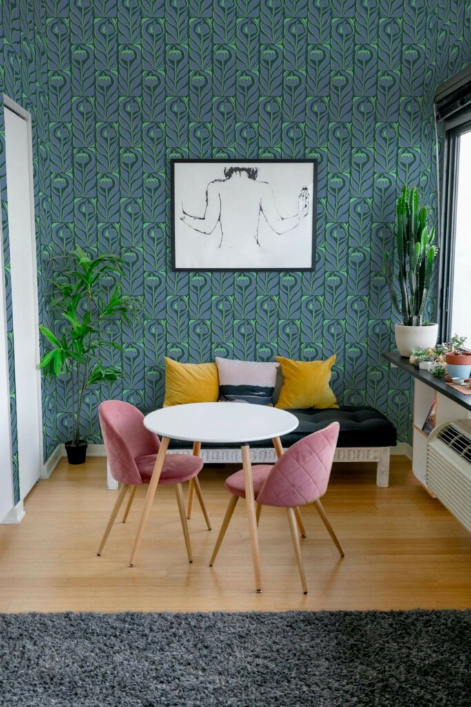 Eclectic style living room decorated with Silkscreen flowers peel and stick wallpaper