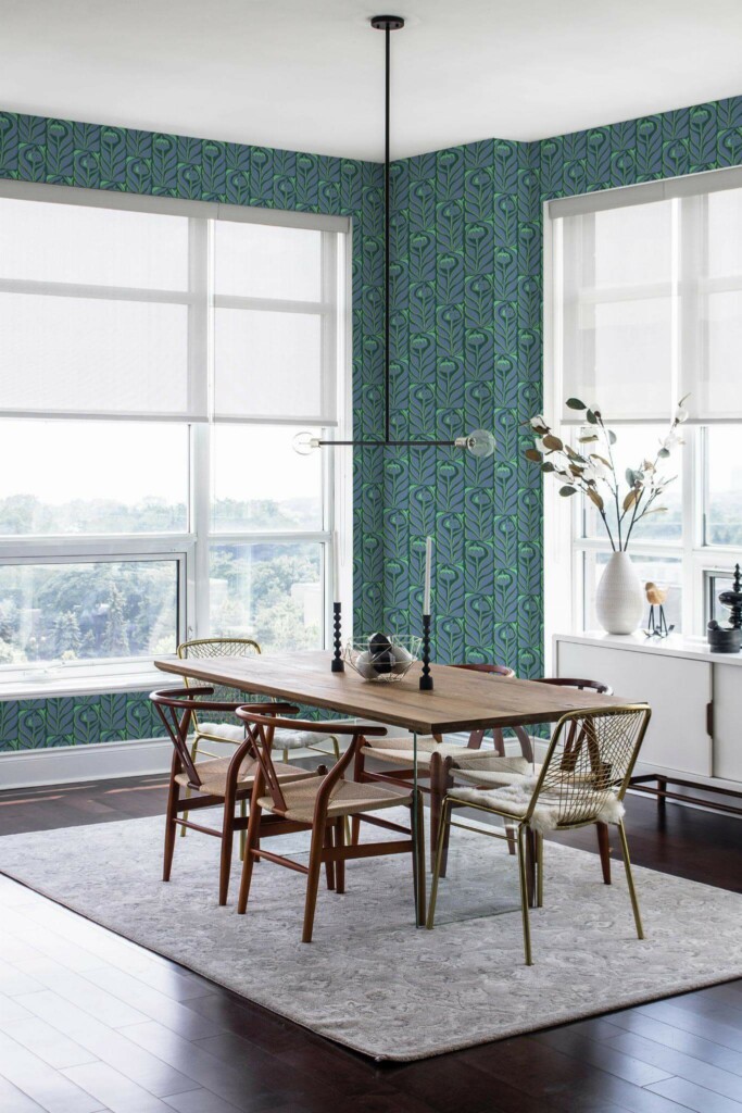 Modern minimalist style dining room decorated with Silkscreen flowers peel and stick wallpaper