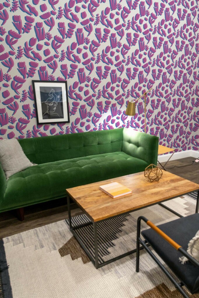 Mid-century modern living room decorated with Silkscreen shapes peel and stick wallpaper and forest green sofa