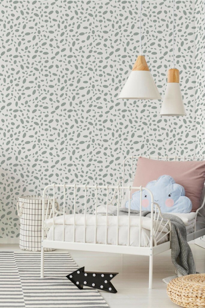 Bohemian style kids room decorated with Silver imitation spots peel and stick wallpaper