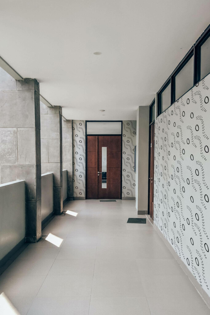 Industrial style hallway with a balcony decorated with Simple Abstract shapes peel and stick wallpaper