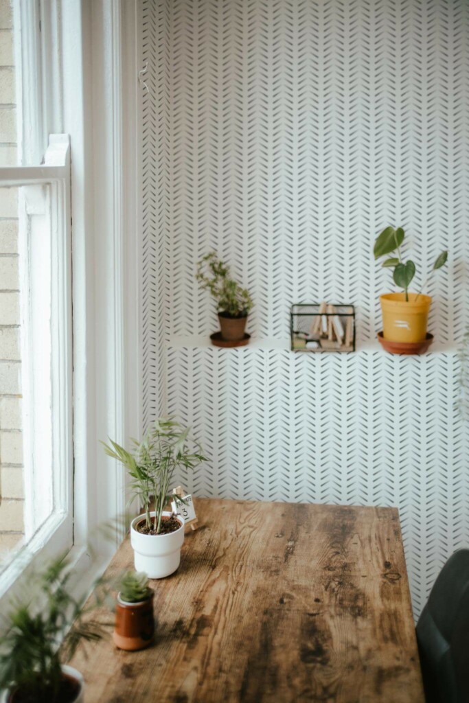 Farmhouse style home office decorated with Simple herringbone peel and stick wallpaper