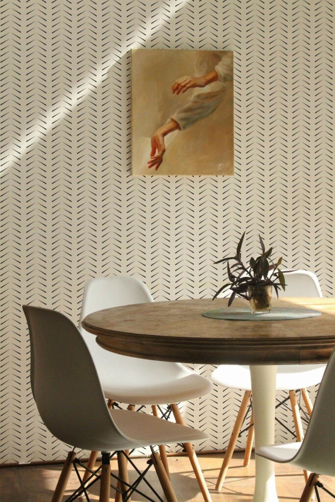 Scandinavian farmhouse style dining room decorated with Simple herringbone peel and stick wallpaper
