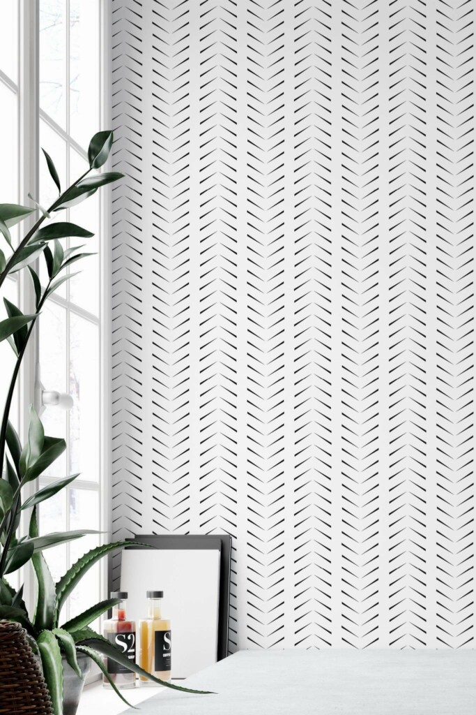 Minimal style home office decorated with Simple zig zag herringbone peel and stick wallpaper