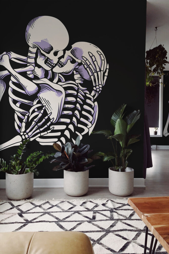 Black and white mural for wall featuring Skeleton kiss - Fancy Walls