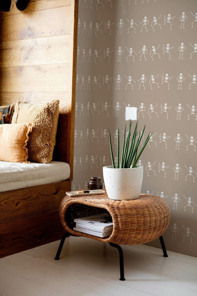 Mid-century modern style bedroom decorated with Skeleton peel and stick wallpaper