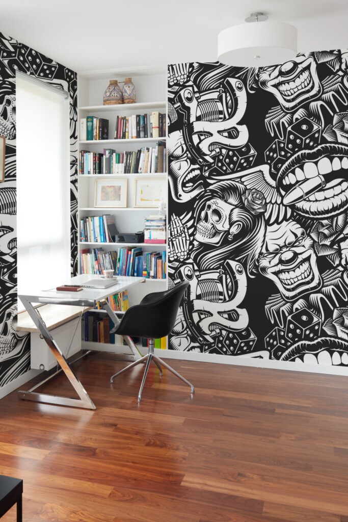 Wall paper mural that shows rebellious tattoo-style street art with skulls, machines, and winged symbols for expressive novelty interiors. The Fancy Walls peel and stick or non-pasted wallpaper.