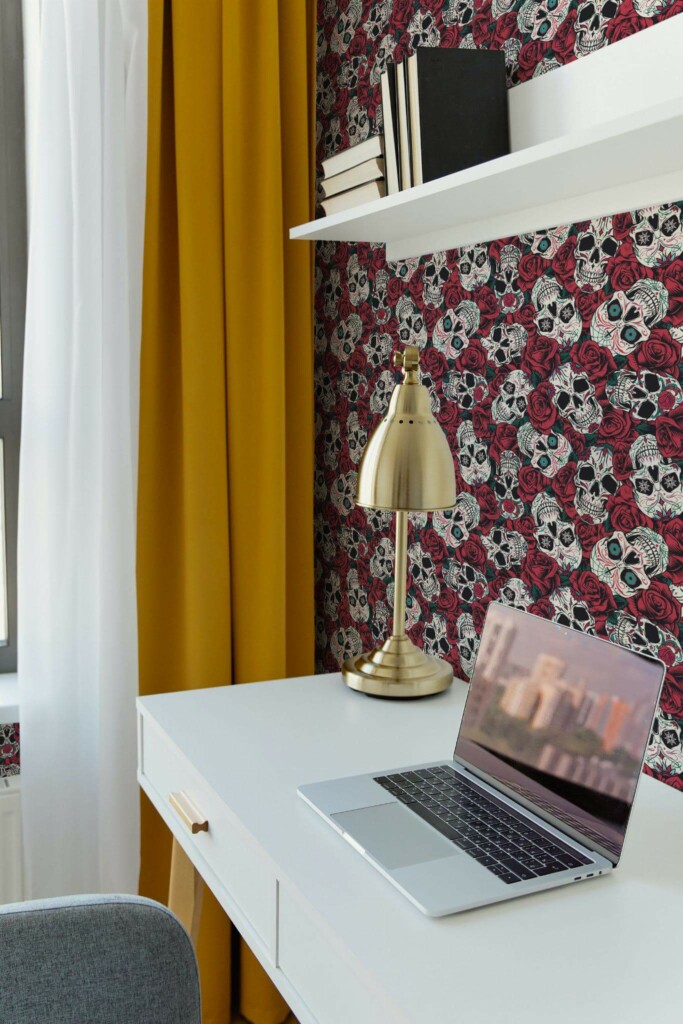 Scandinavian style home office decorated with Skull Fusion peel and stick wallpaper