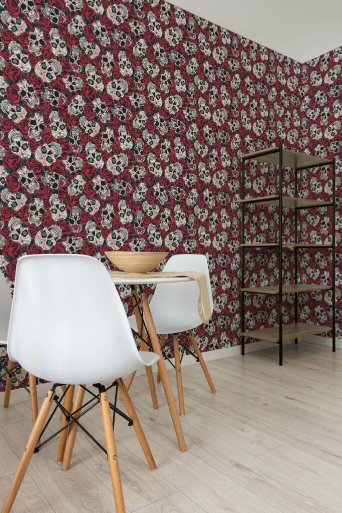 Minimalist style dining room decorated with Skull Fusion peel and stick wallpaper
