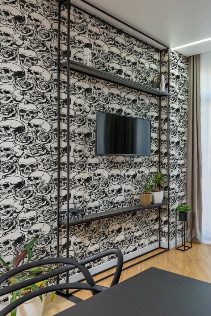 Industrial style living room decorated with Skull peel and stick wallpaper