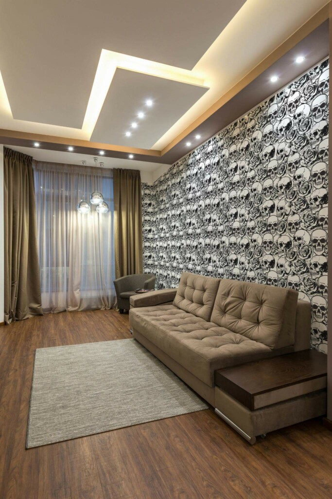 Modern Eastern European style living room decorated with Skull peel and stick wallpaper