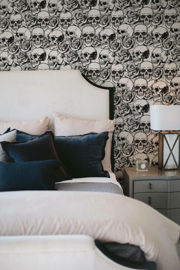 Shabby chic style bedroom decorated with Skull peel and stick wallpaper