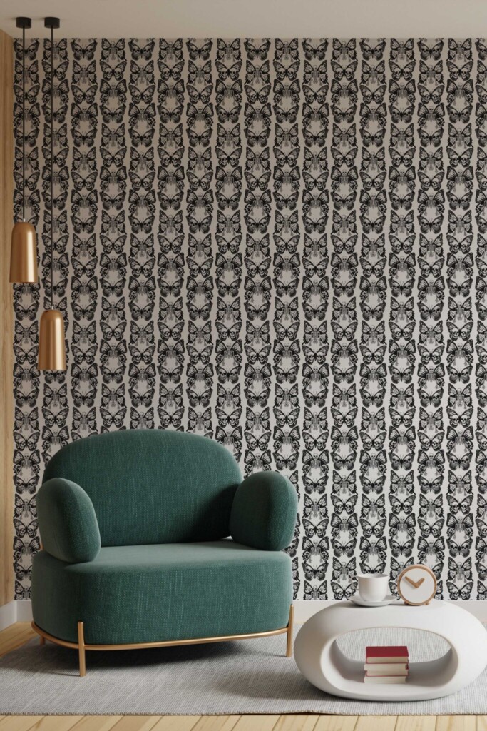 Traditional wallpaper with skeleton butterflies by Fancy Walls. Skullwing Stripes Elegance wallpaper in modern living room
